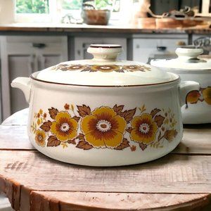 Vtg Porcelain Soup Tureen 1970's Retro Flower Pattern Mid-Century Modern Kitchen